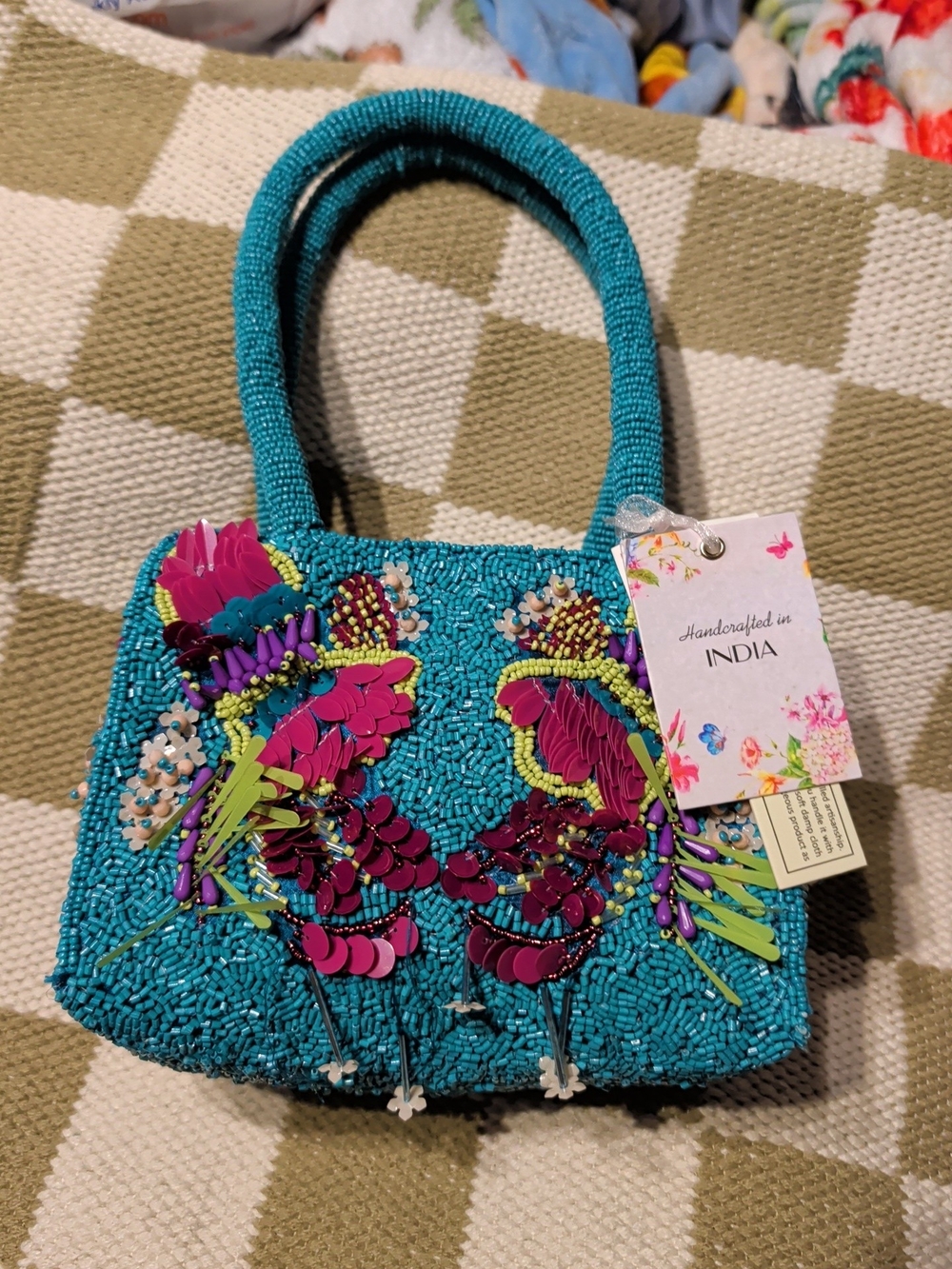 Handcrafted Turquoise Beaded Floral Tote - India Nwt